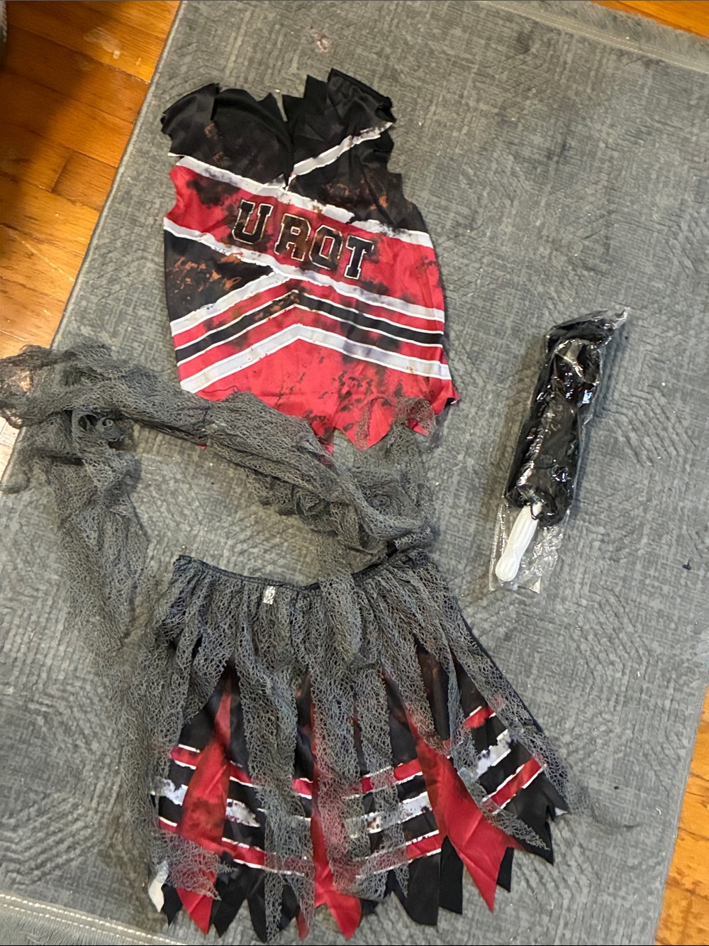 Girls Red & Black Zombie Cheerleader Costume with Tattered Skirt